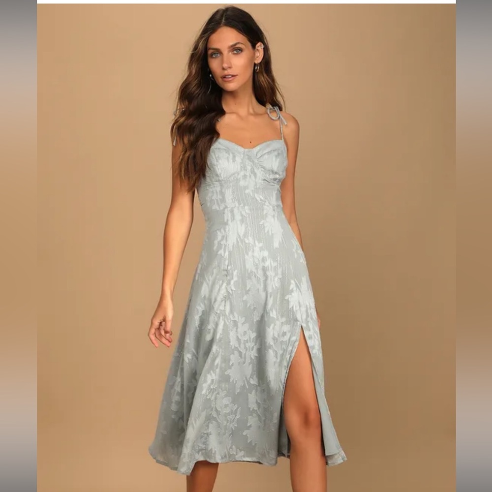 Loveliest Looks Dusty Blue Floral Jacquard Tie-Strap Midi Dress